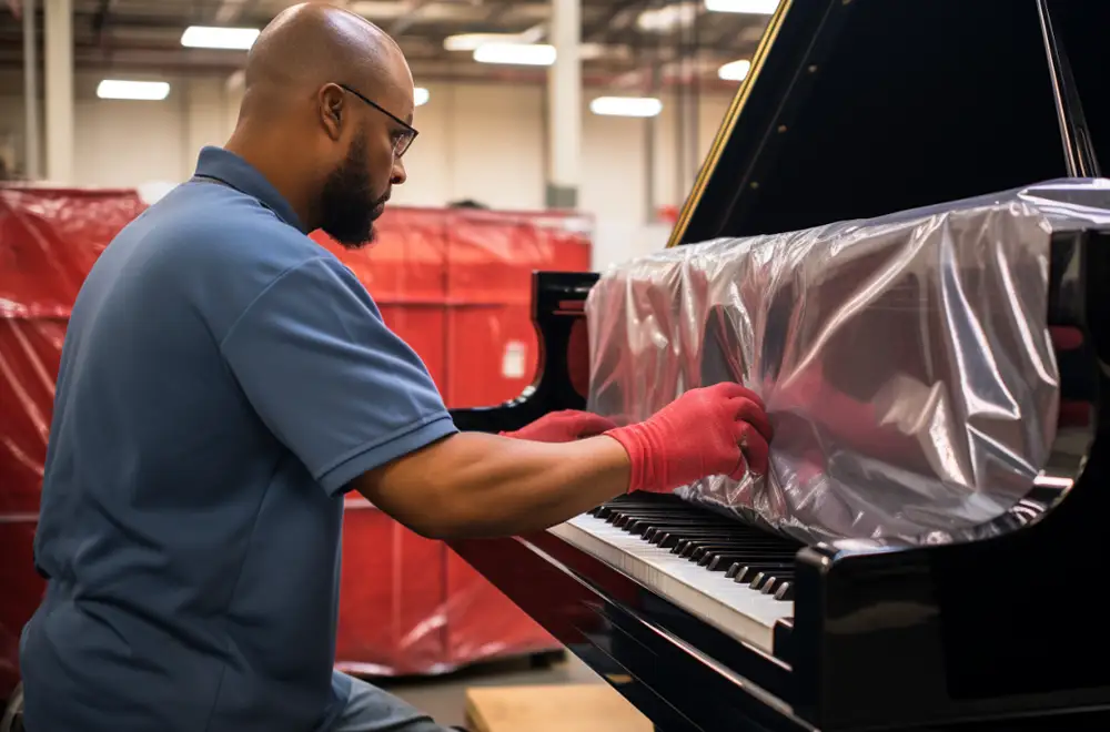 piano mover wrapping a piano for transport