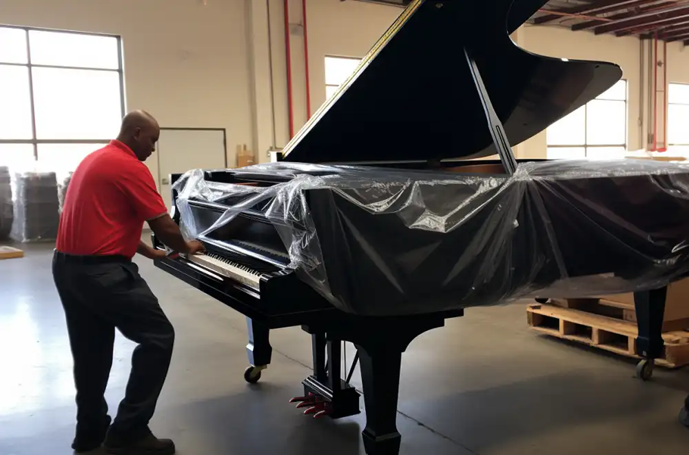 piano mover wrapping a piano for transport in Springdale, Arkansas