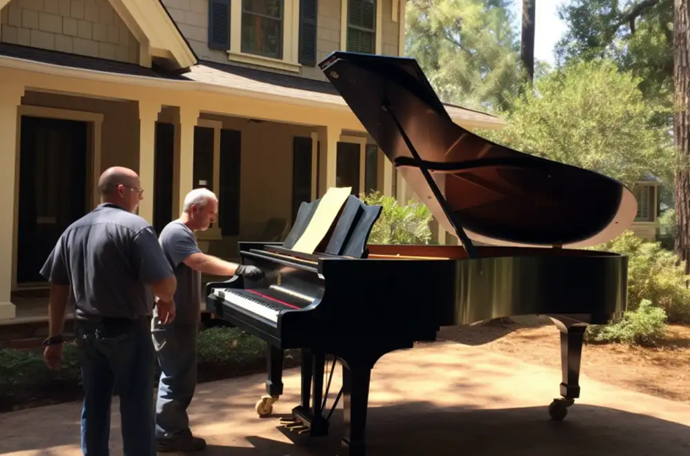 two piano movers moving a piano